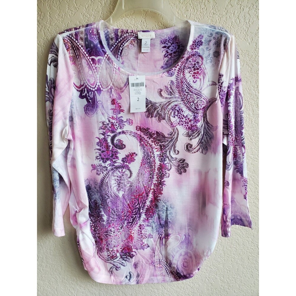 Chicos Top 2 Womens Ruched Sides 3/4 Sleeve Rhinestones Pink Tones Paisley 12